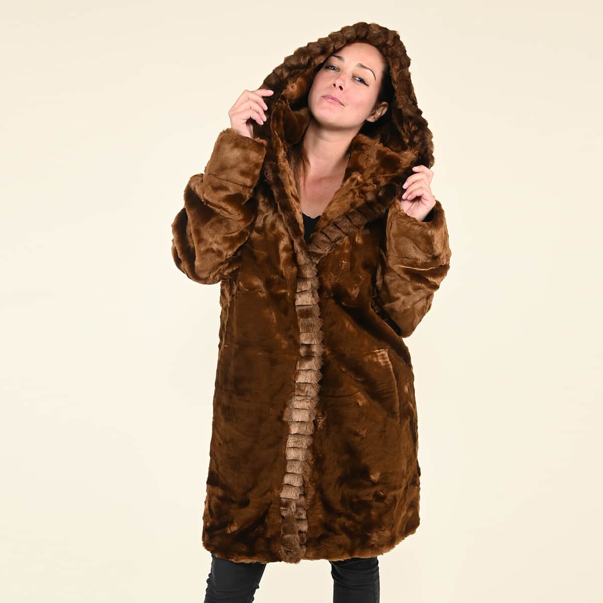 Tamsy Brown Fur Acrylic Coat - (L) image number 3