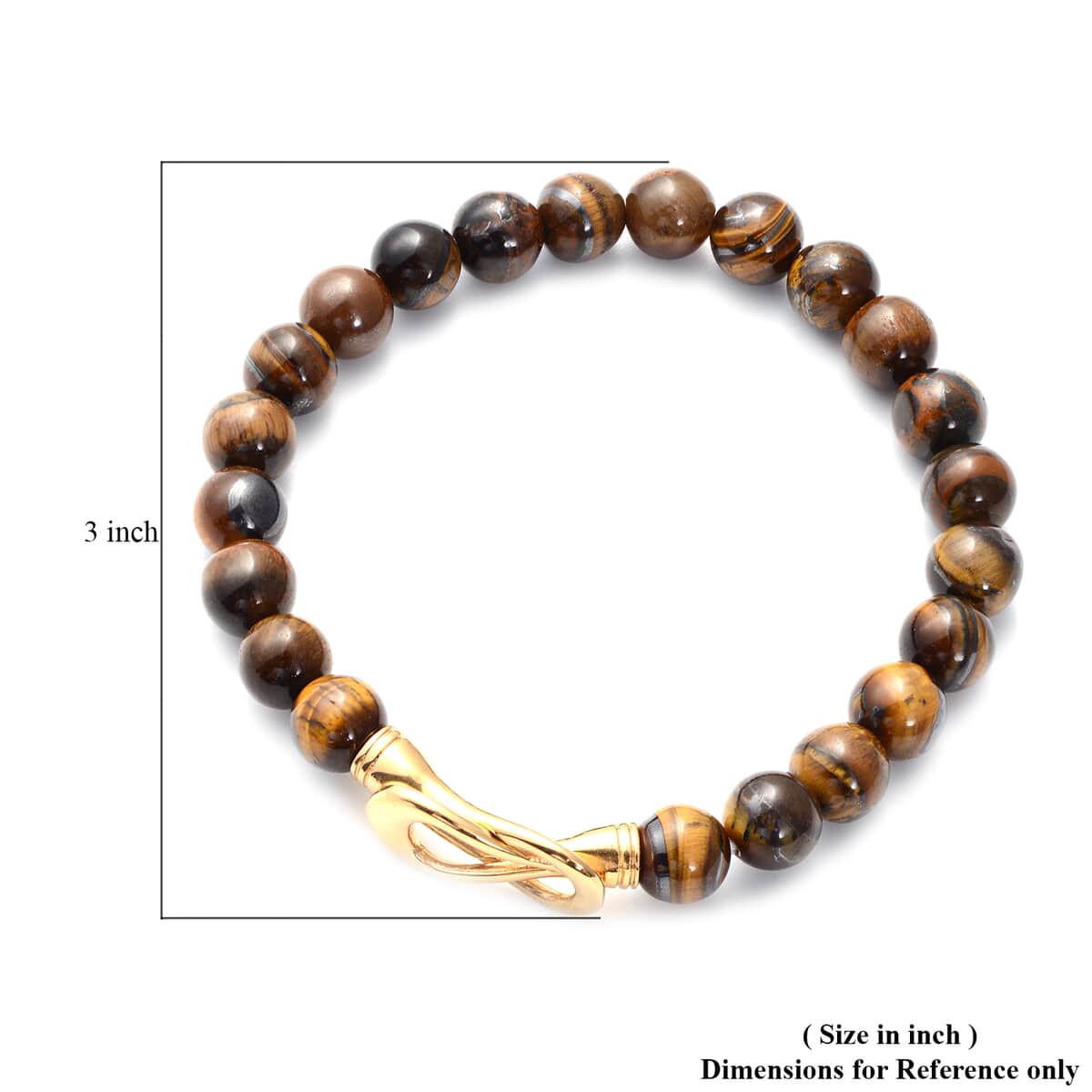 Yellow Tiger's Eye 7-9mm Beaded Stretch Bracelet in ION Pated Yellow Gold Stainless Steel 84.00 ctw image number 3