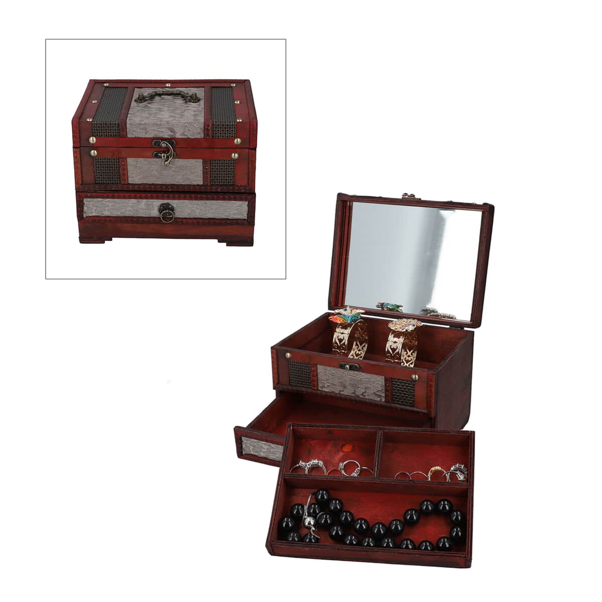Silver Floral Embossed Pattern Wooden 3 Tier Jewelry Box with Large Mirror and Latch Closure (8.7"x6.3"x6.3") image number 0