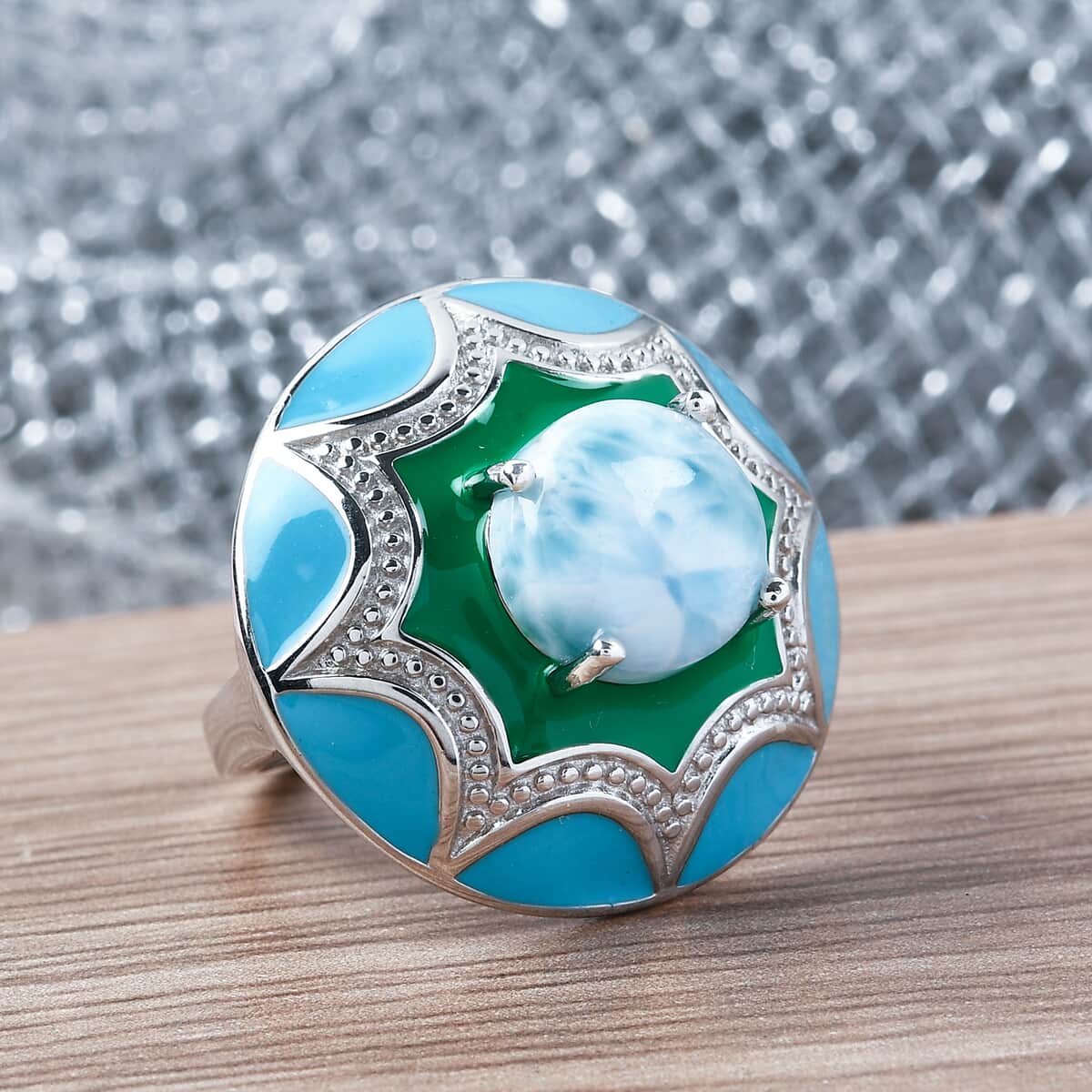 Larimar and Enameled Flower Ring in Platinum Over Sterling Silver (Size 7.0) 3.90 ctw image number 1