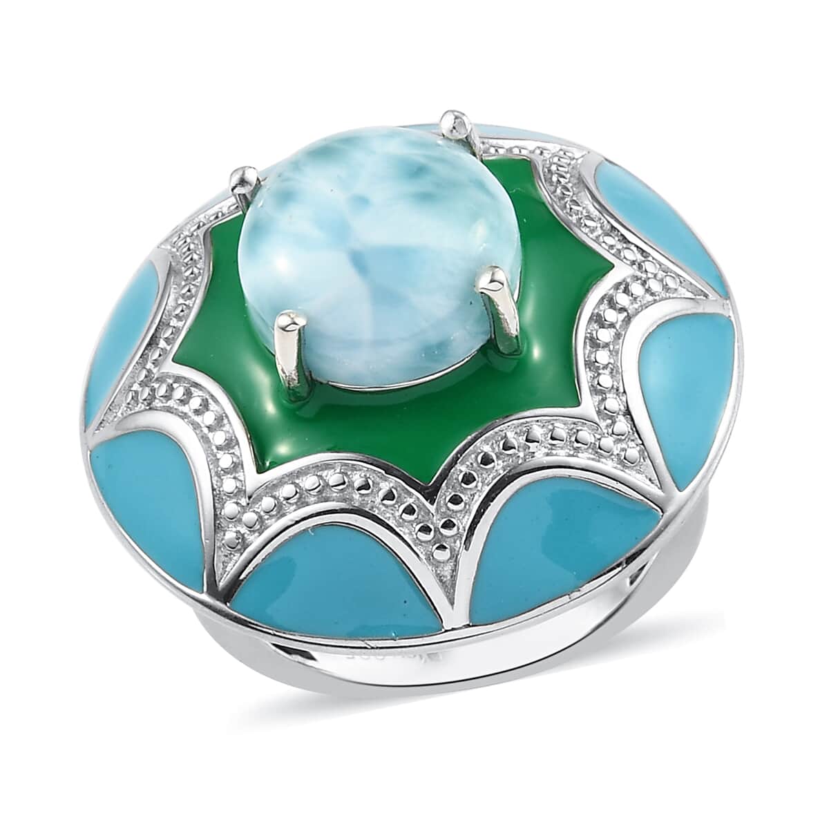 Larimar and Enameled Flower Ring in Platinum Over Sterling Silver (Size 8.0) 8.80 Grams 3.90 ctw image number 0