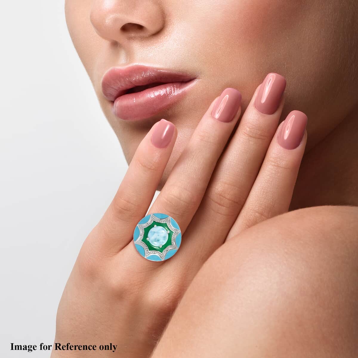 Larimar and Enameled Flower Ring in Platinum Over Sterling Silver (Size 8.0) 8.80 Grams 3.90 ctw image number 2