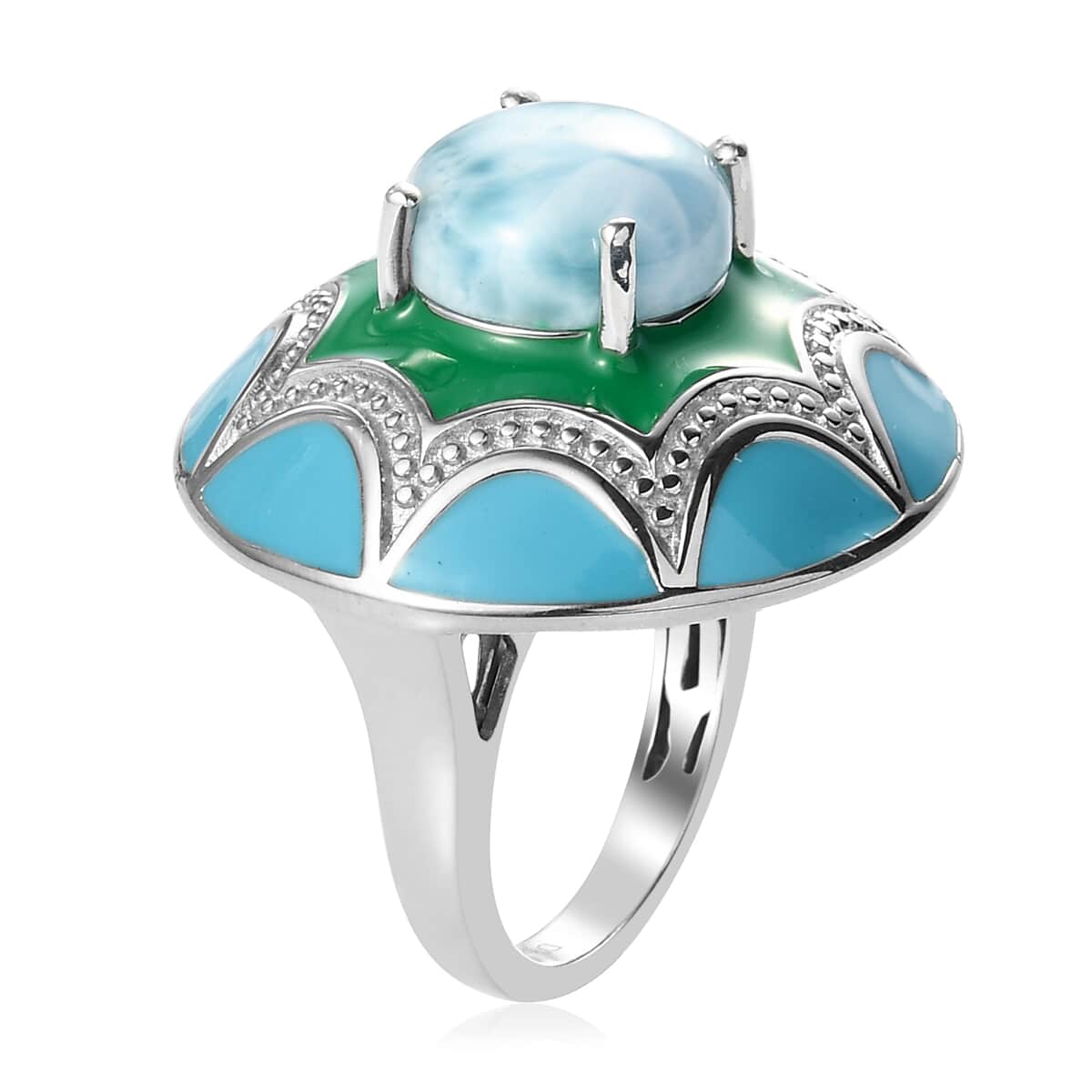 Larimar and Enameled Flower Ring in Platinum Over Sterling Silver (Size 8.0) 8.80 Grams 3.90 ctw image number 3