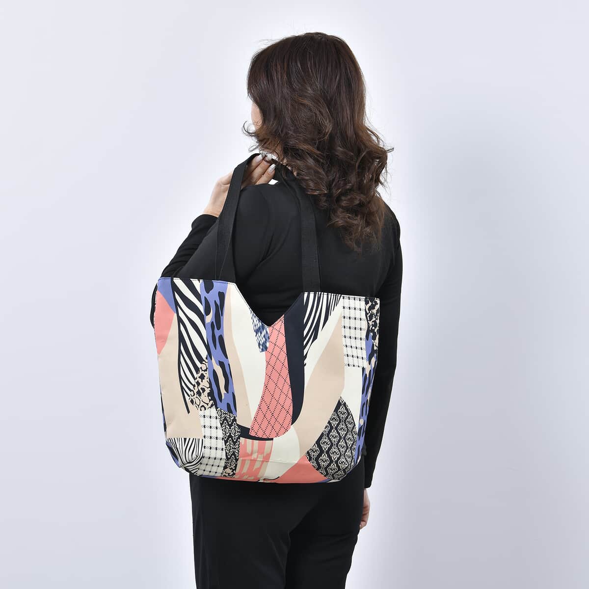 Multi Color Splice Patchwork Printed Pattern Tote Bag (17.5"x6"x13.5") with Handle Drop image number 1