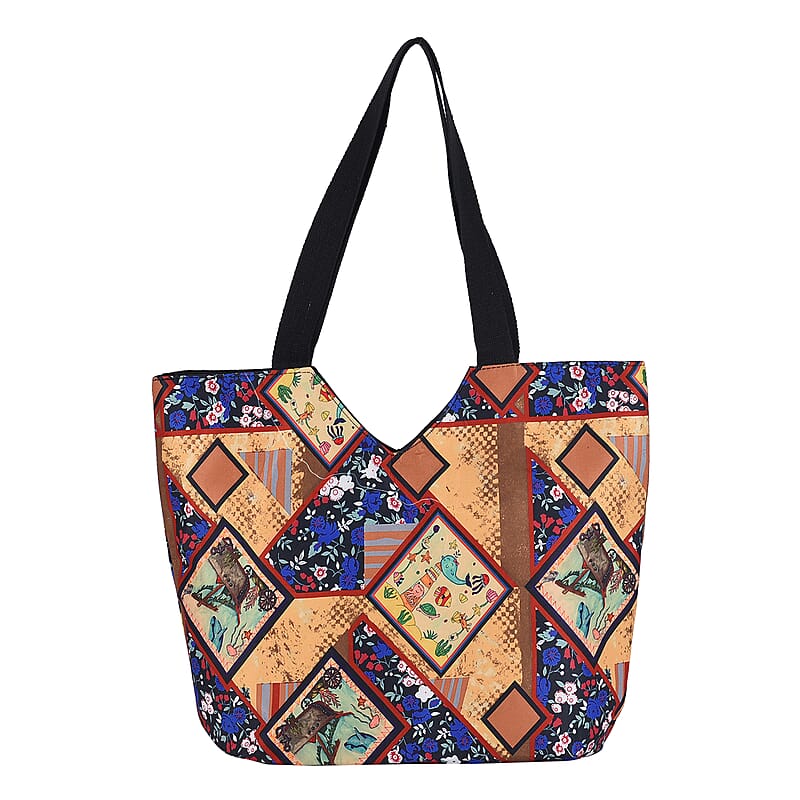 Yellow Patchwork Printed Pattern Tote Bag with Handle Drop