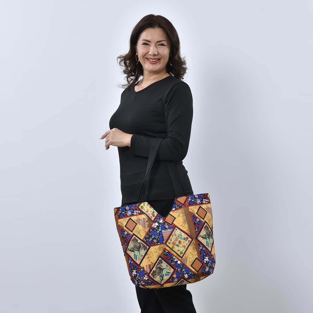 Yellow Patchwork Printed Pattern Tote Bag with Handle Drop image number 1