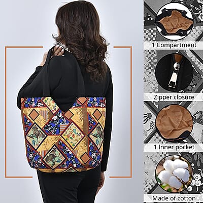 Yellow Patchwork Printed Pattern Tote Bag with Handle Drop