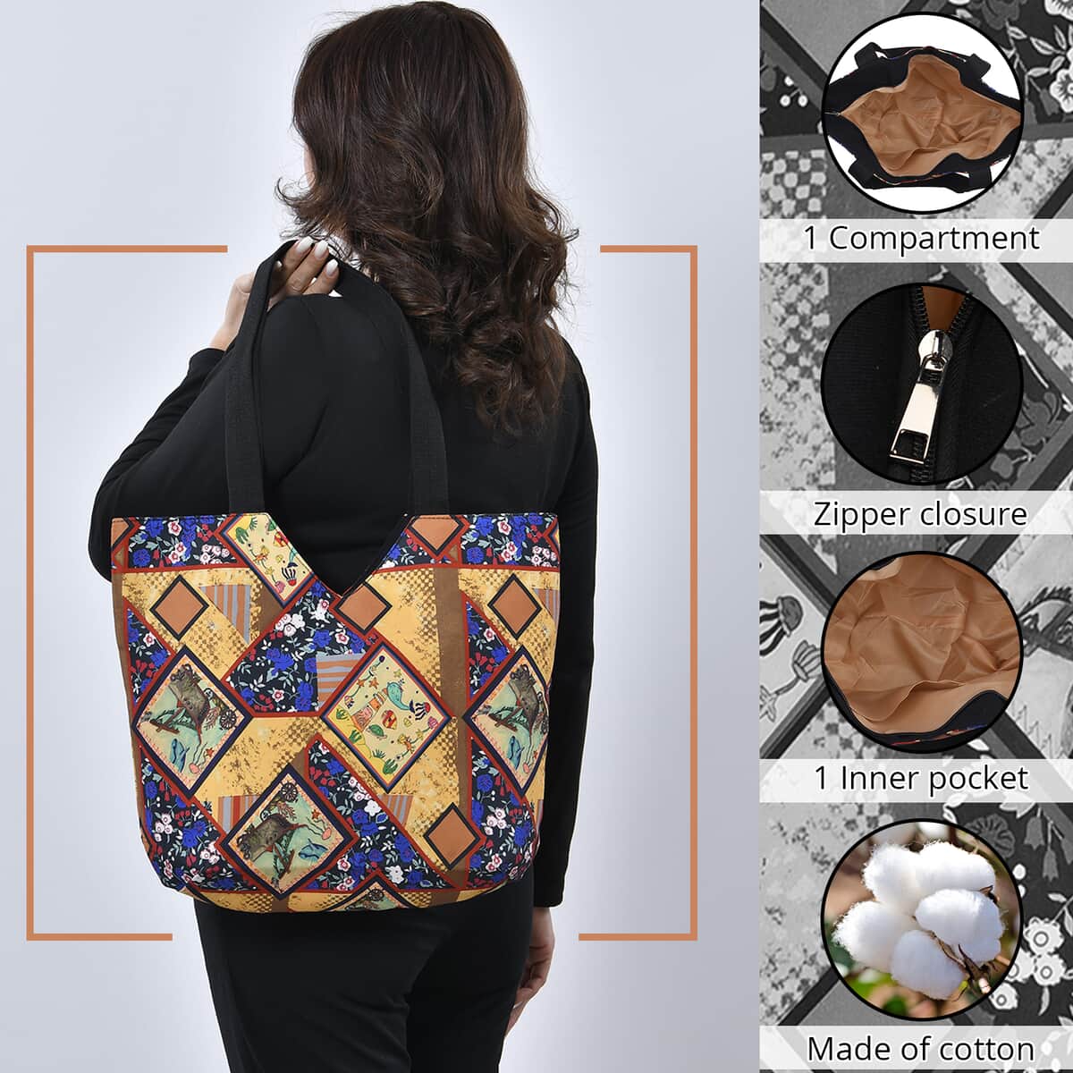 Yellow Patchwork Printed Pattern Tote Bag with Handle Drop image number 2