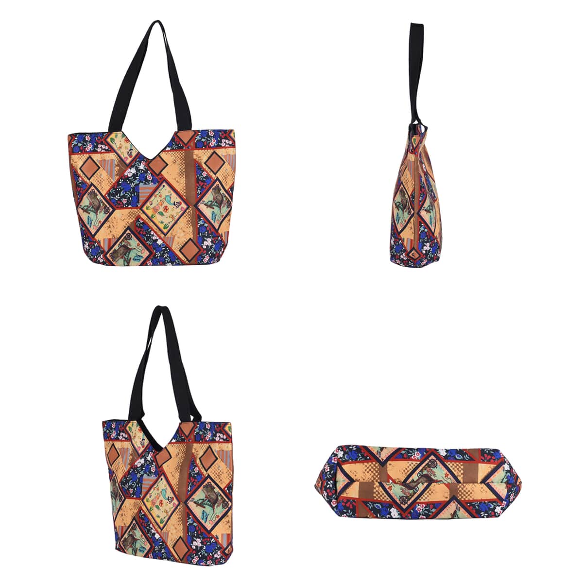 Yellow Patchwork Printed Pattern Tote Bag with Handle Drop image number 5