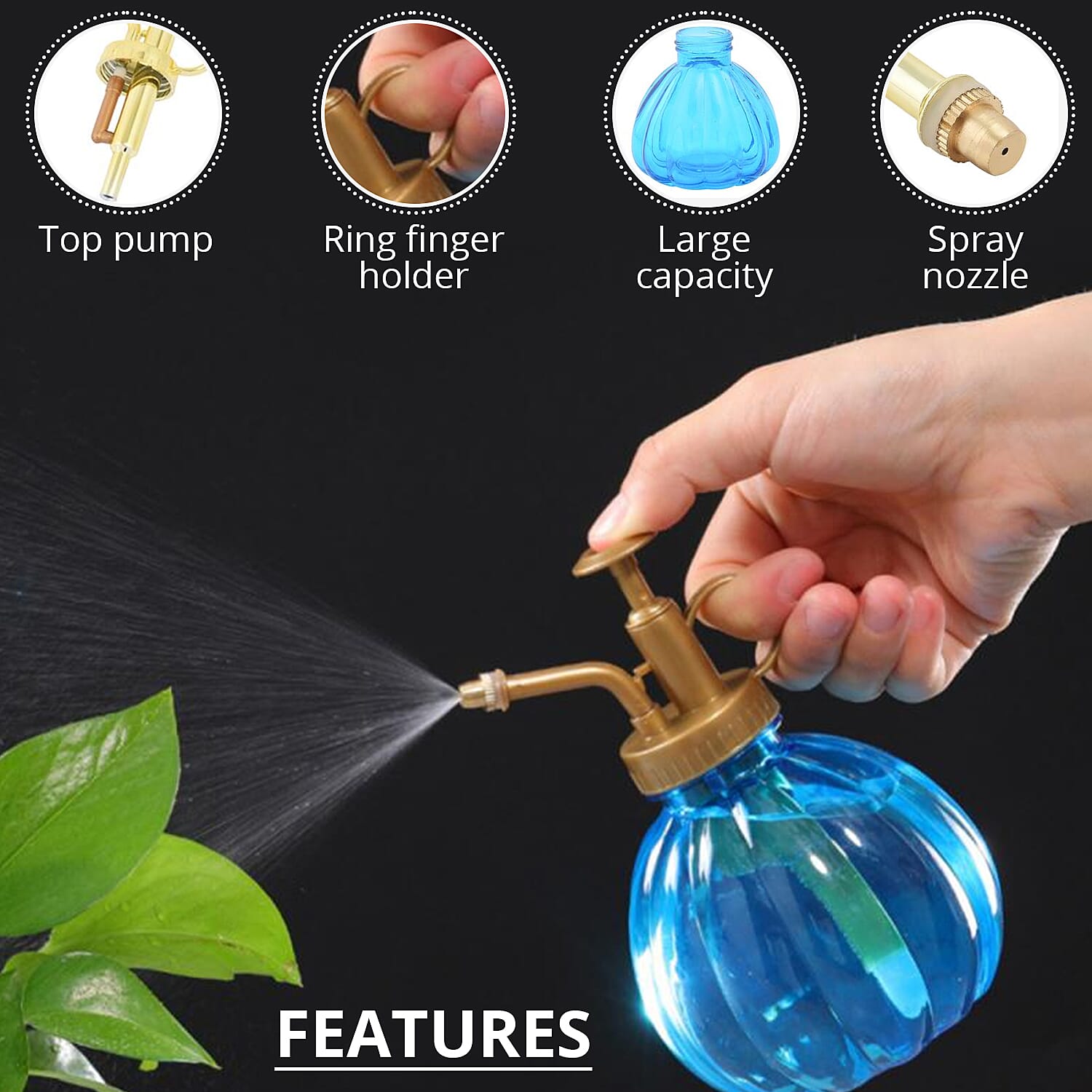 Blue and Gold Glass Plant Water Mister (Capacity:230 ml)
