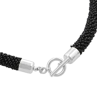 Black Seed Beaded Necklace 20 Inches in Silvertone