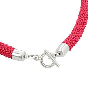 Pink Seed Beaded Necklace 20 Inches in Silvertone