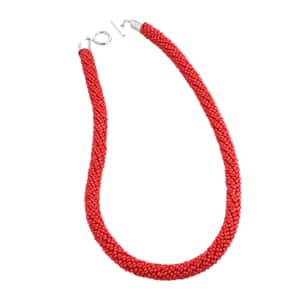 Red Seed Beaded Necklace 20 Inches in Silvertone