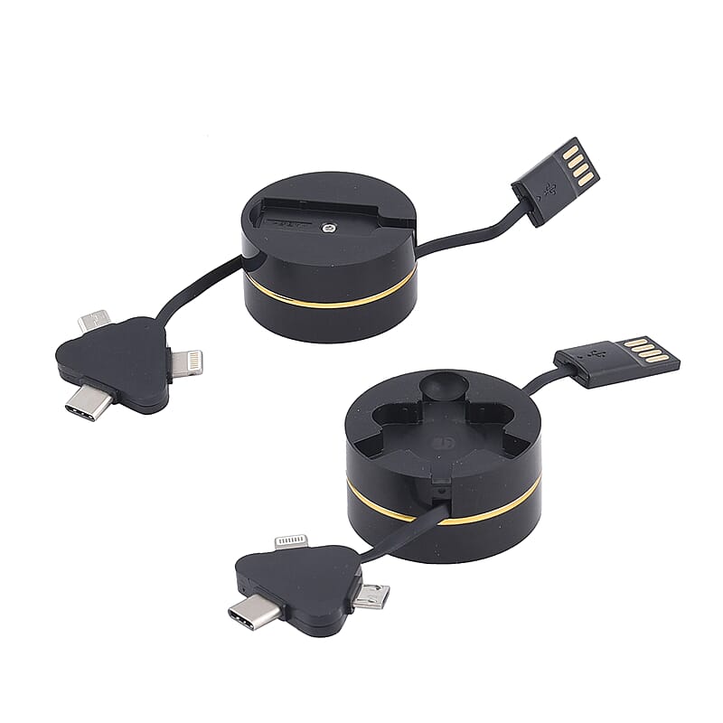 Homesmart Black 3-in-1 Retractable Charging Cable Box - Set of 2 (Built-in Lightning, Type-C, and Micro USB)