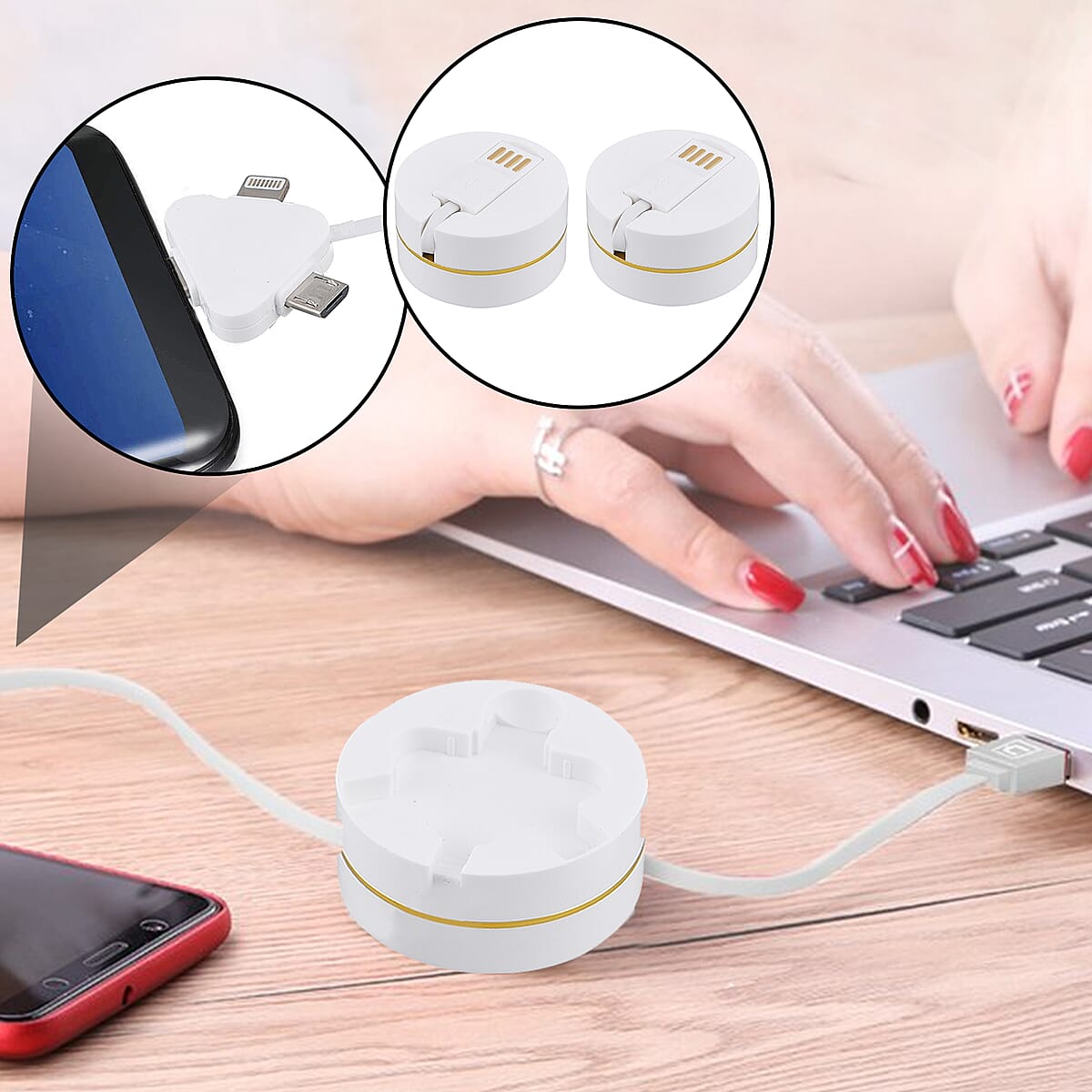 Homesmart White 3-in-1 Retractable Charging Cable Box - Set of 2 (Built-in Lightning, Type-C and Micro USB) image number 1