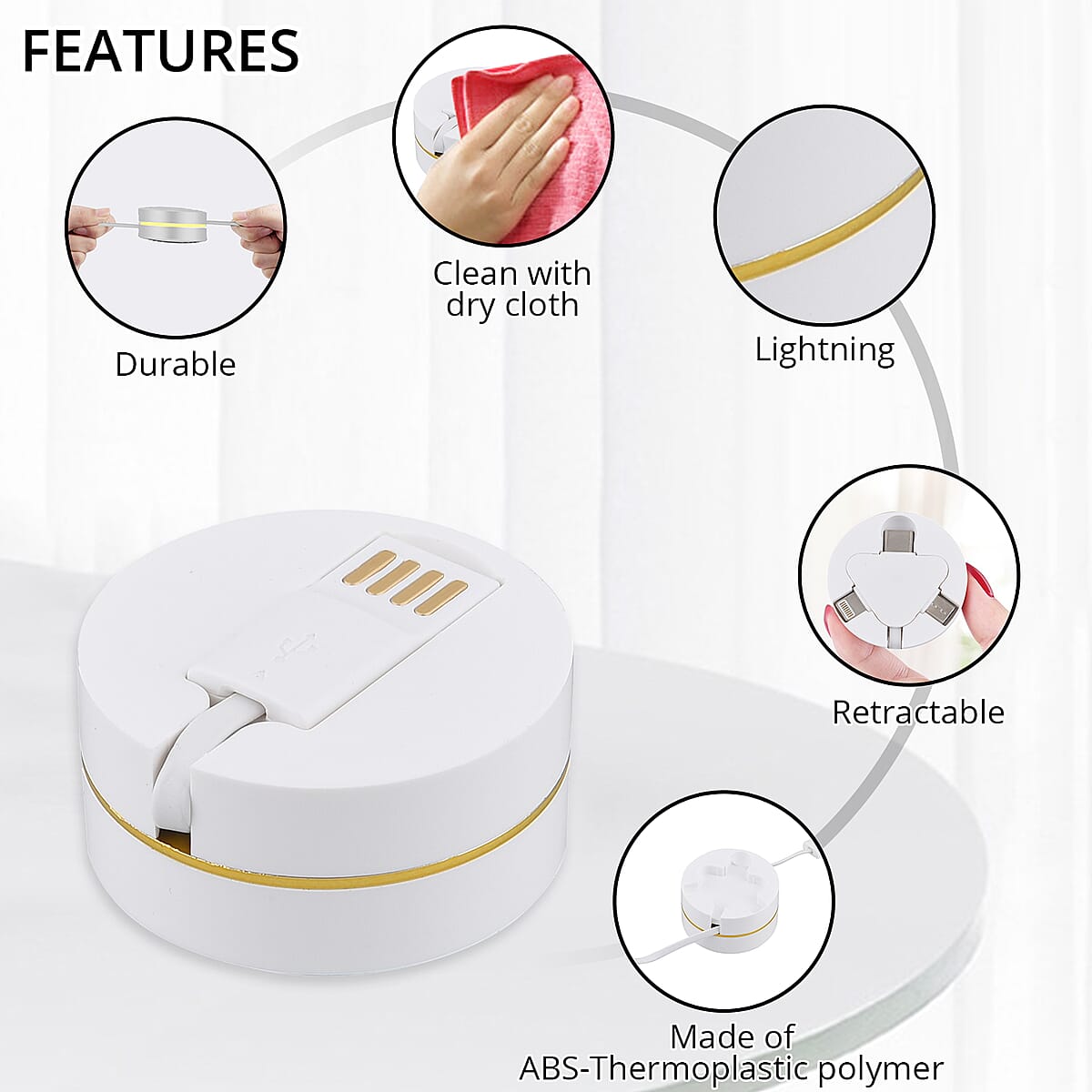 Homesmart White 3-in-1 Retractable Charging Cable Box - Set of 2 (Built-in Lightning, Type-C and Micro USB) image number 2