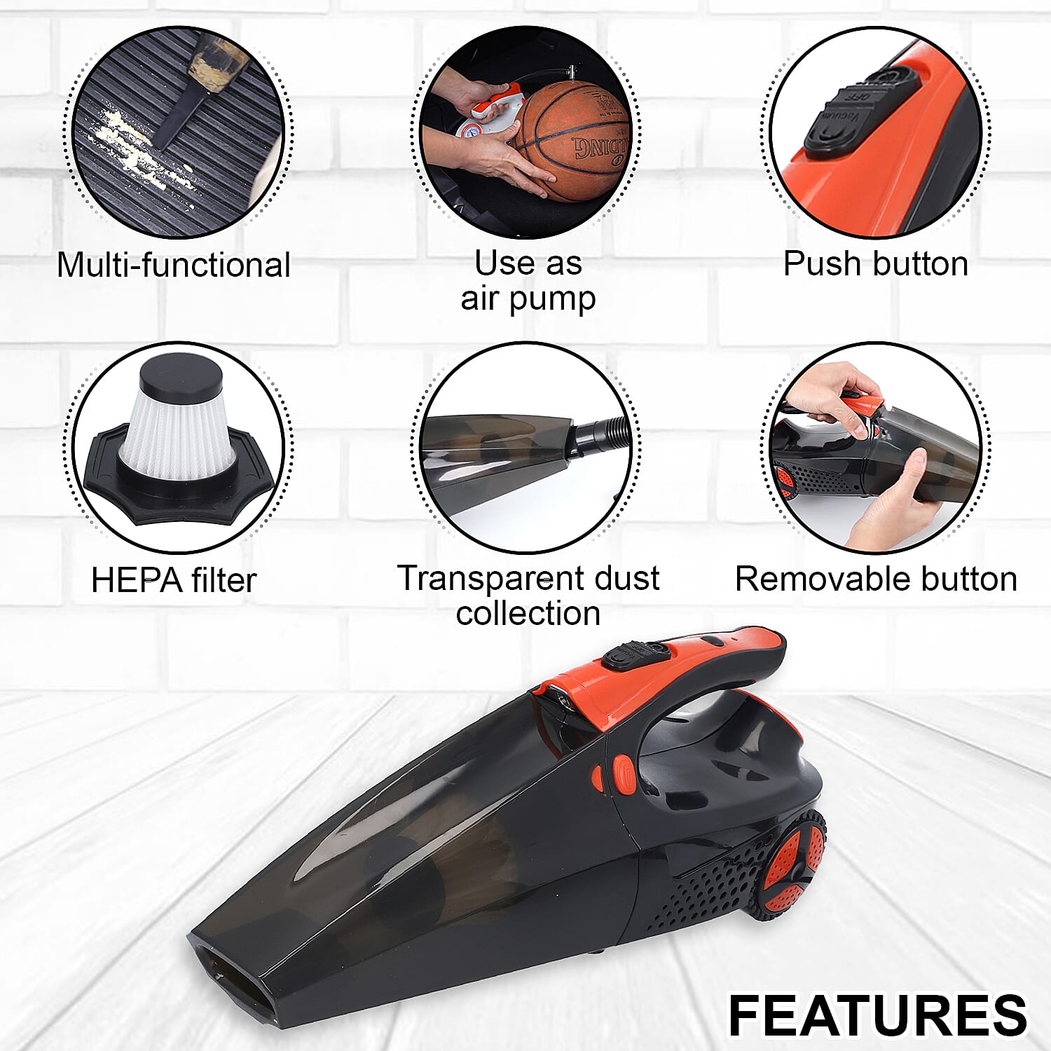 Homesmart Black 4-in-1 Portable, Multi-Function, Electric-Powered, Wet/Dry Function Car Vacuum Cleaner With Powerful Air Pump, Three nozzles And Long Cable Cord