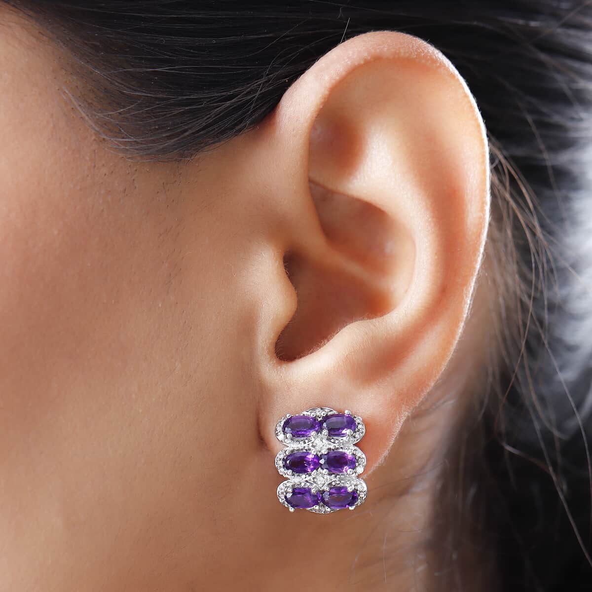 Amethyst and White Zircon Earrings in Platinum Over Sterling Silver 4.20 ctw image number 2