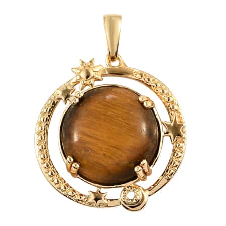 Karis South African Tiger's Eye Celestial Moon Stars Pendant in 18K YG Plated 11.40 ctw image number 0