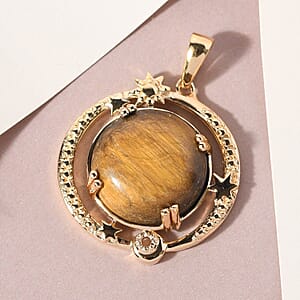Karis South African Tiger's Eye Celestial Moon Stars Pendant in 18K YG Plated 11.40 ctw