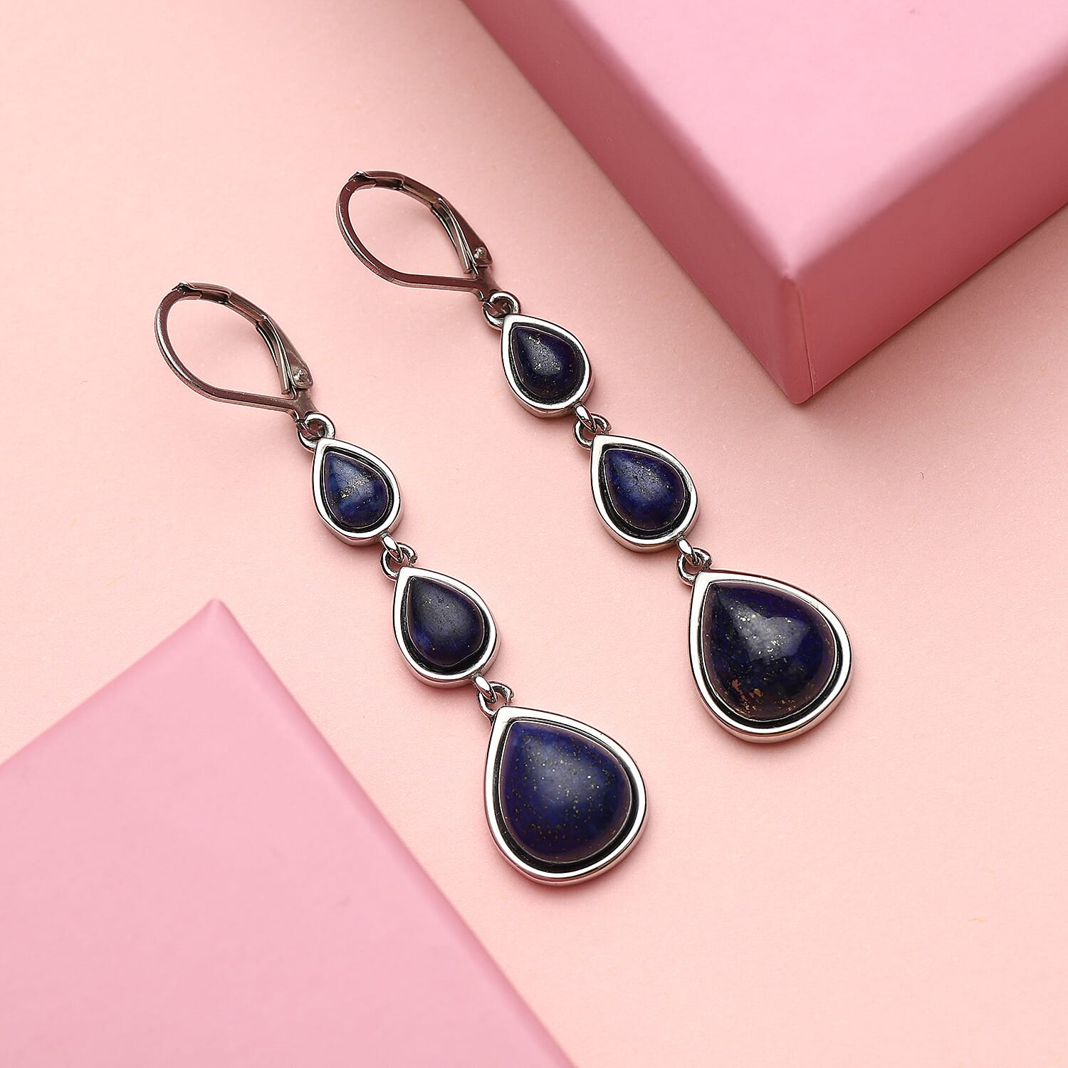Lapis Lazuli Dangle Earrings in Stainless Steel 11.20 ctw