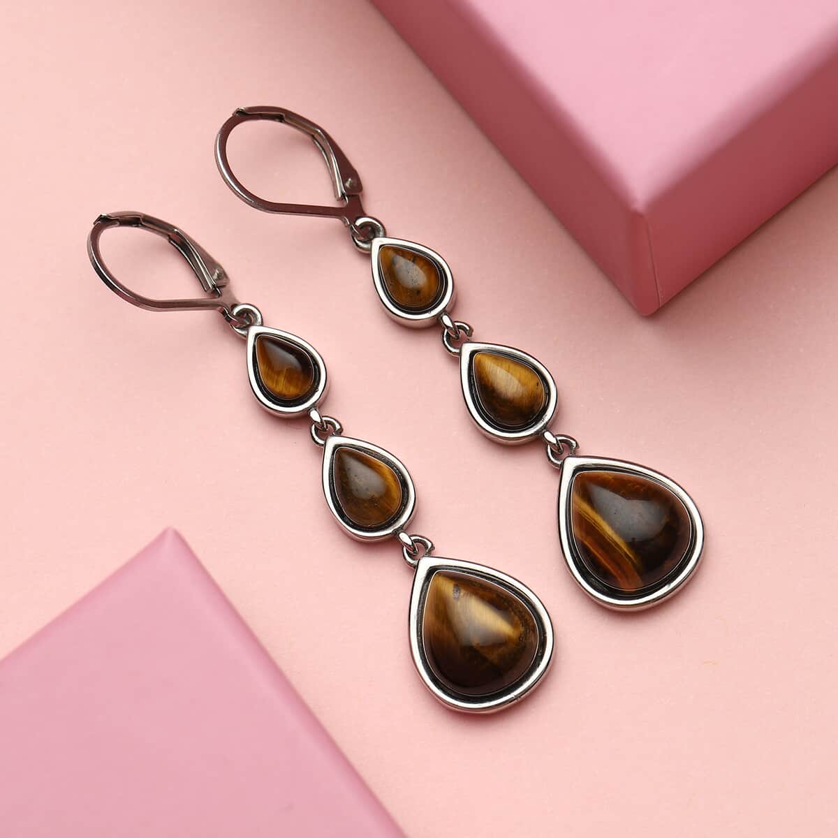 Yellow Tiger's Eye Dangle Earrings in Stainless Steel 11.00 ctw image number 1