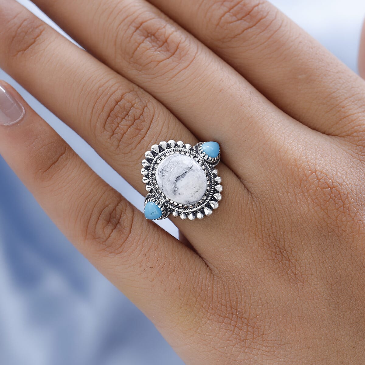 Artisan Crafted White Buffalo and Sleeping Beauty Turquoise Ring in Sterling Silver (Size 10.0) 5.85 ctw image number 2