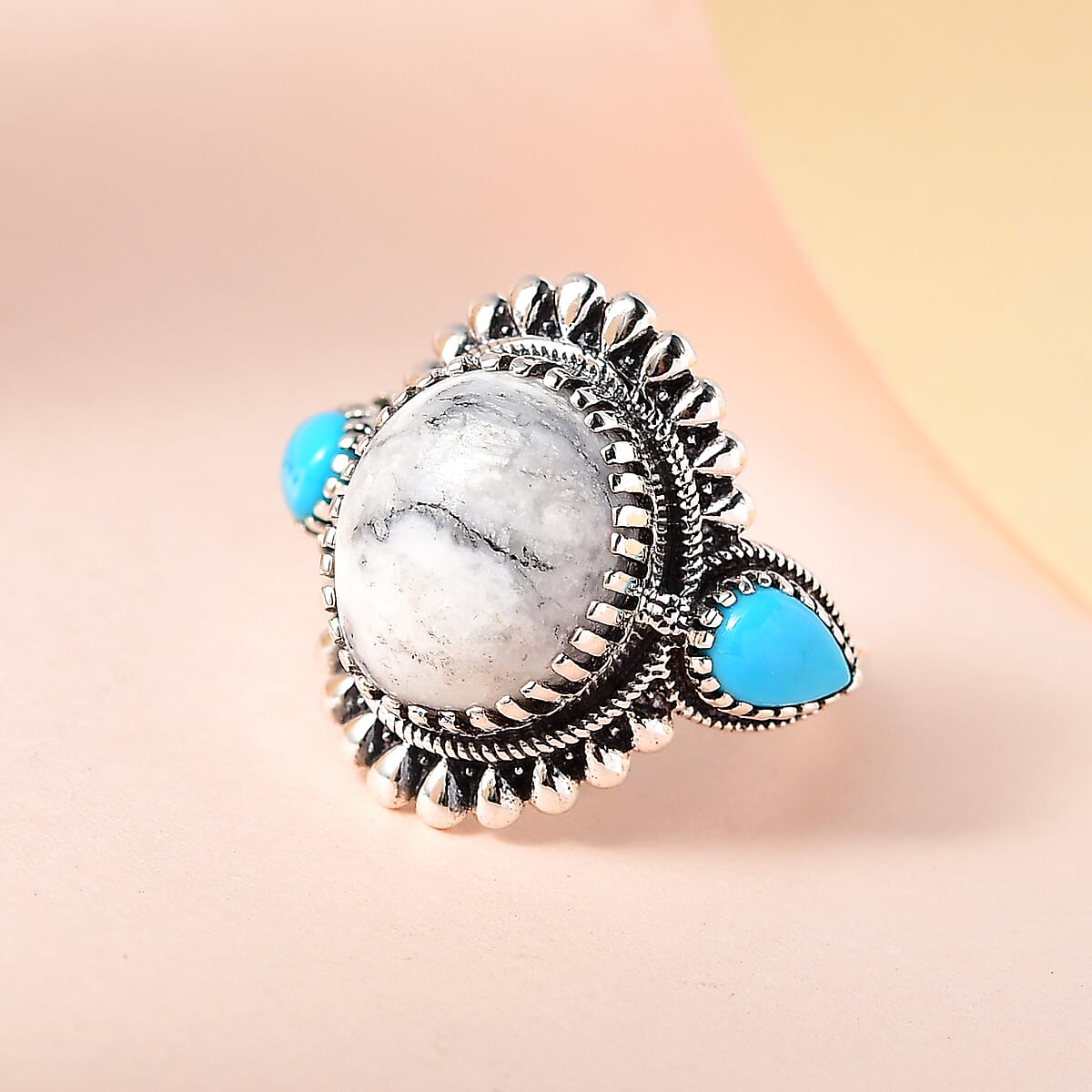 Artisan Crafted White Buffalo and Sleeping Beauty Turquoise Ring in Sterling Silver (Size 9.0) 5.85 ctw image number 1