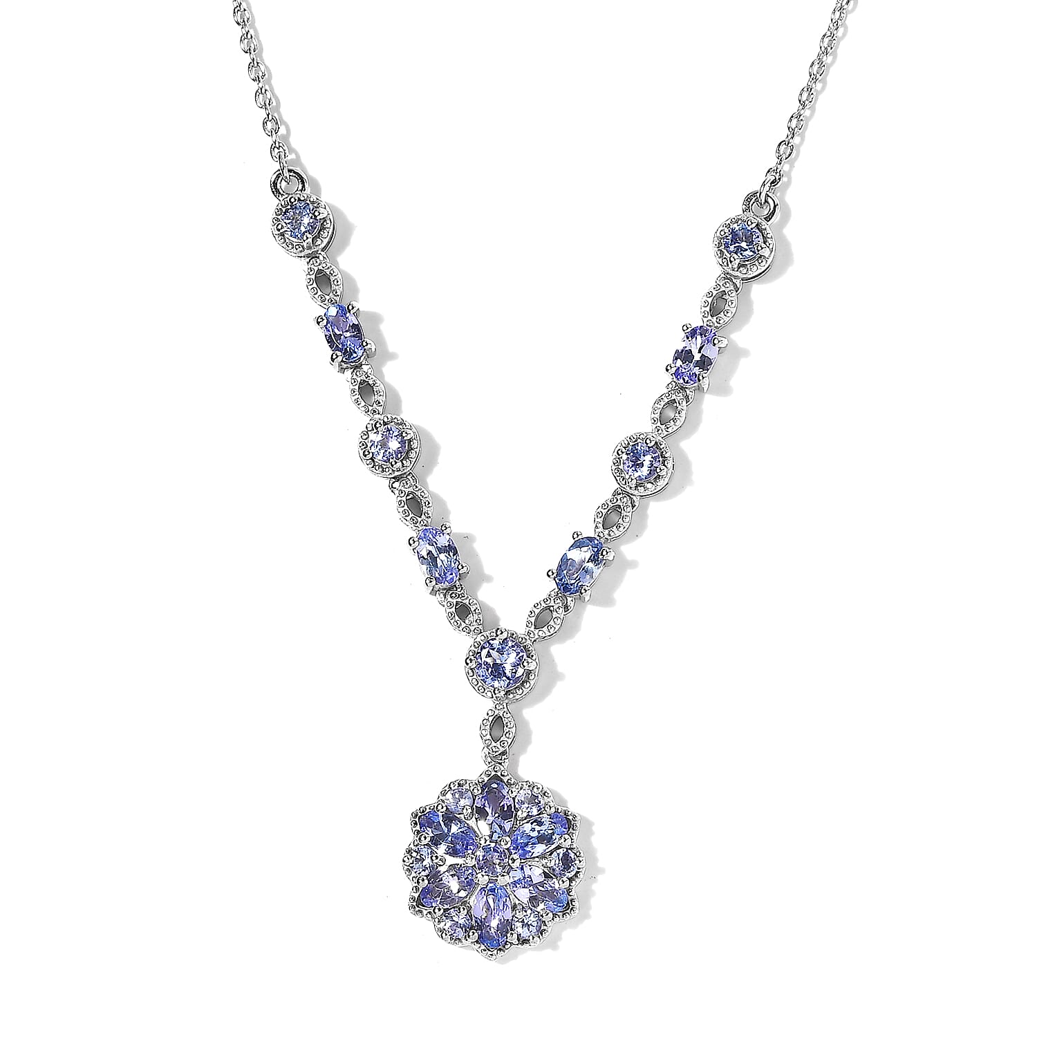Tanzanite Floral Necklace 18 Inches in Platinum Over Sterling Silver 3.25 ctw