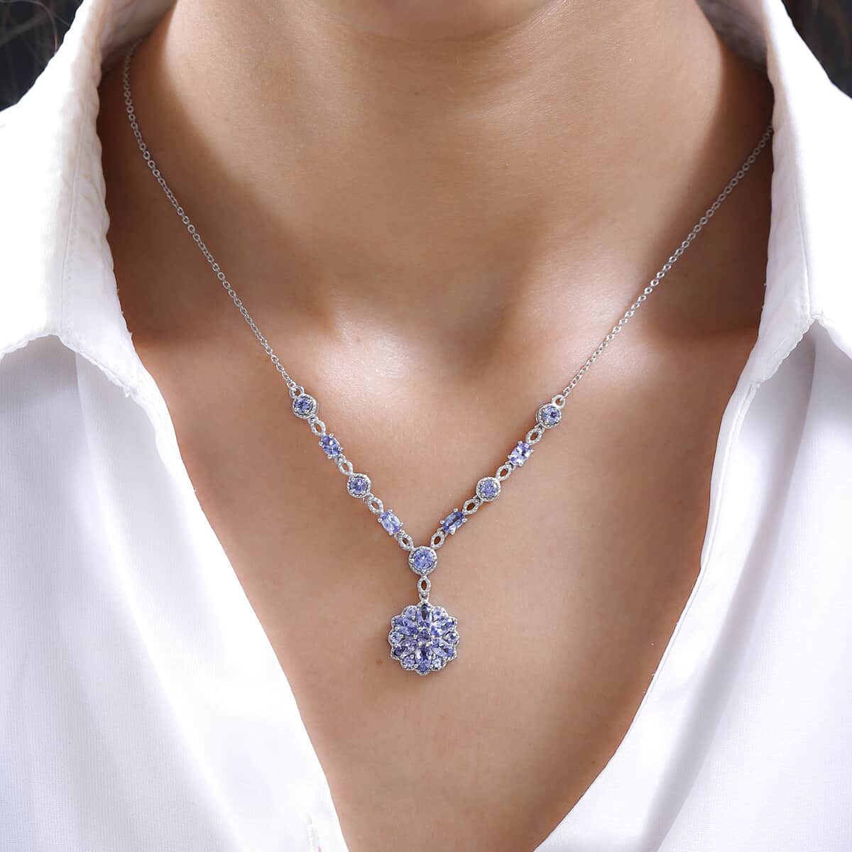 Tanzanite Floral Necklace 18 Inches in Platinum Over Sterling Silver 3.25 ctw image number 2