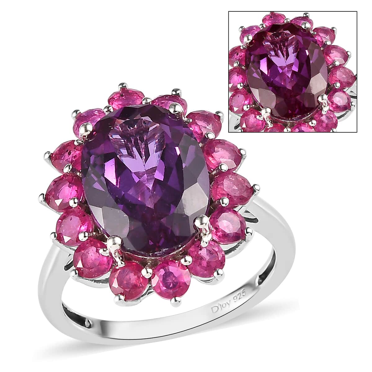 Lab Grown Color Change Sapphire and Niassa Ruby (FF) Floral Ring in Platinum Over Sterling Silver 10.90 ctw image number 0