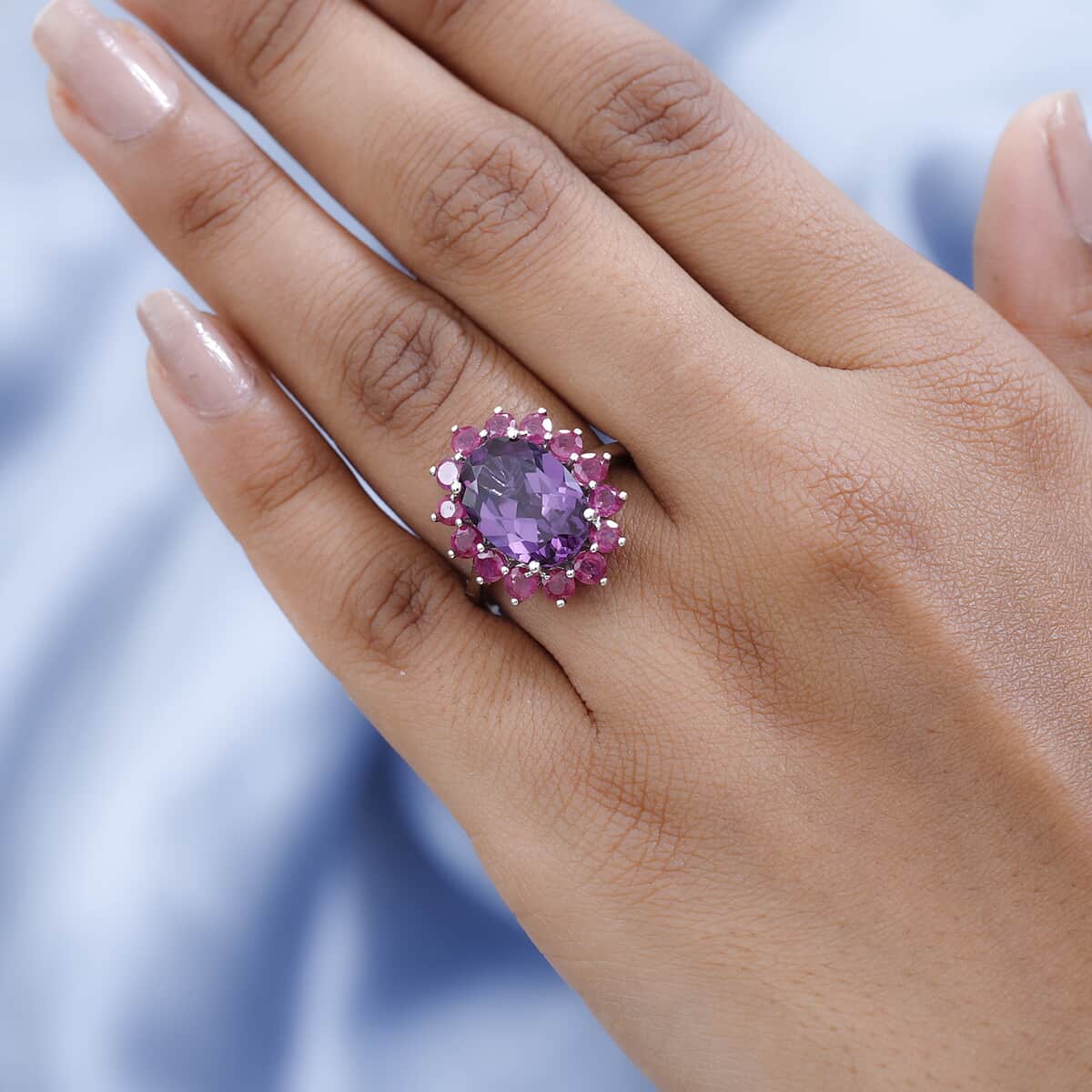 Lab Grown Color Change Sapphire and Niassa Ruby (FF) Floral Ring in Platinum Over Sterling Silver 10.90 ctw image number 2