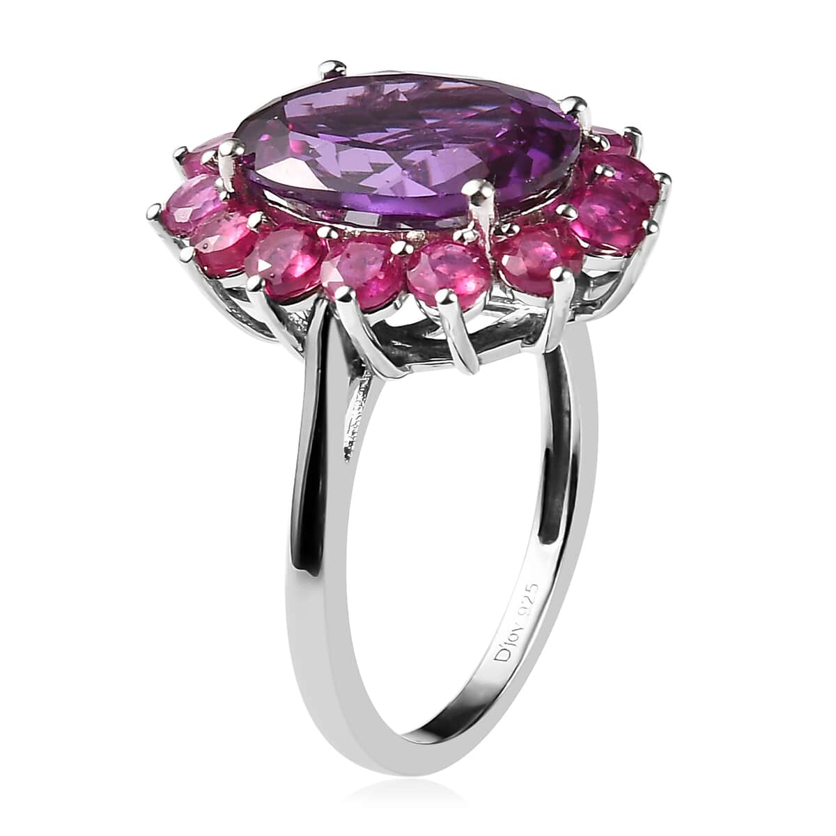 Lab Grown Color Change Sapphire and Niassa Ruby (FF) Floral Ring in Platinum Over Sterling Silver 10.90 ctw image number 3