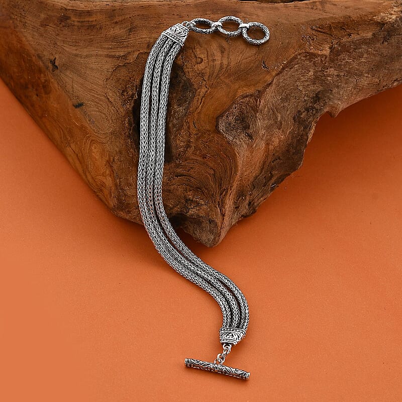 Bali Legacy Sterling Silver Multi Strand Tulang Naga Toggle Clasp Bracelet (7.25 In) 25.50 Grams