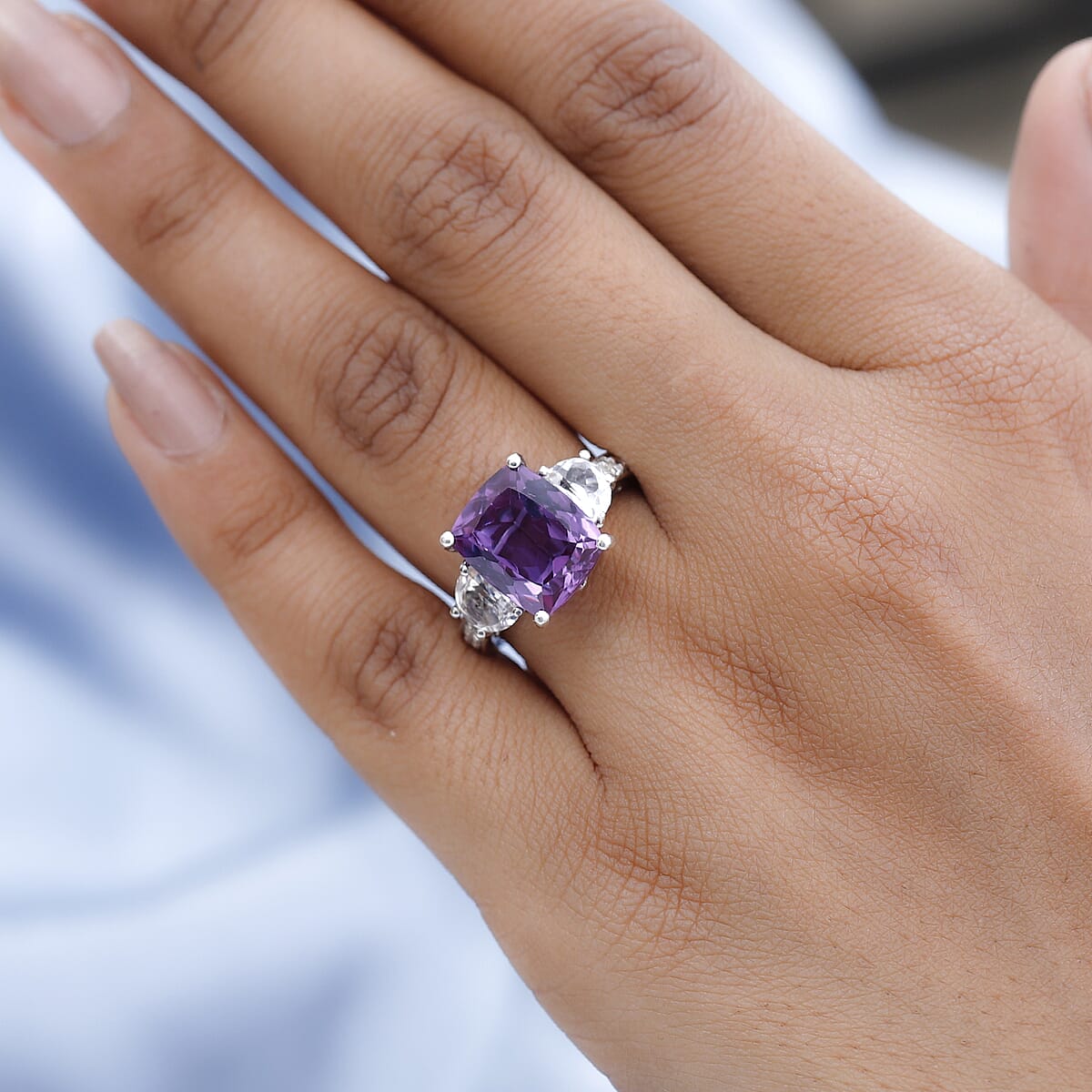 Lab Grown Color Change Sapphire and White Topaz Ring in Platinum Over Sterling Silver (Size 10.0) 10.15 ctw image number 2