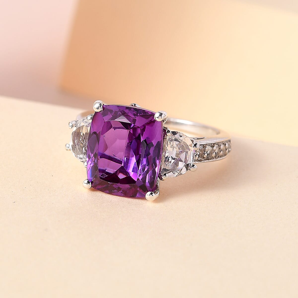 Lab Grown Color Change Sapphire and White Topaz Ring in Platinum Over Sterling Silver (Size 6.0) 10.15 ctw image number 1