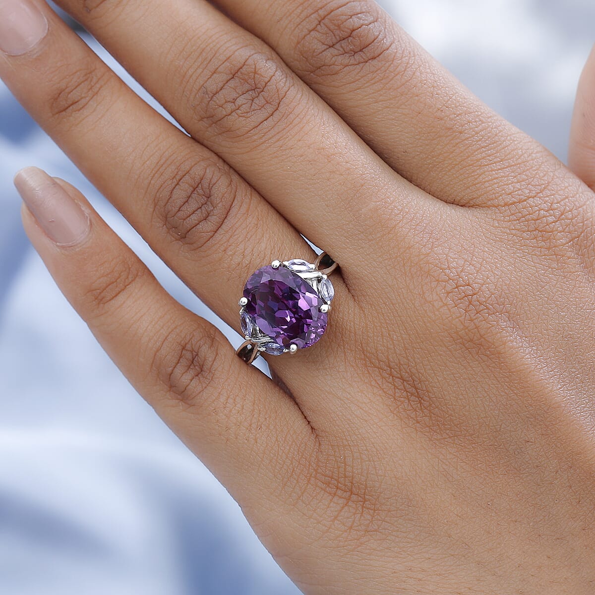 Lab Grown Color Change Sapphire and Tanzanite Ring in Platinum Over Sterling Silver (Size 8.0) 9.10 ctw image number 2