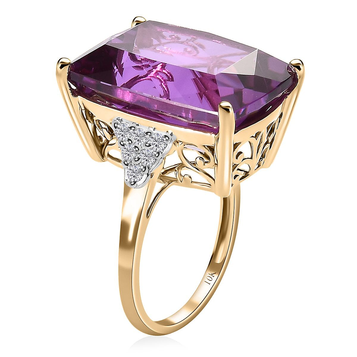 Luxoro 10K Yellow Gold Lab Grown Color Change Sapphire and Moissanite Ring (Size 8.0) 30.00 ctw image number 3