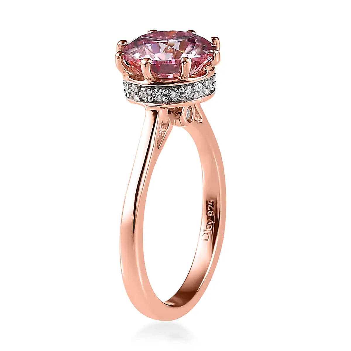 Pink Moissanite (Rnd 9mm) and White Moissanite Ring in Vermeil RG Over Sterling Silver (Size 10.0) 2.65 ctw