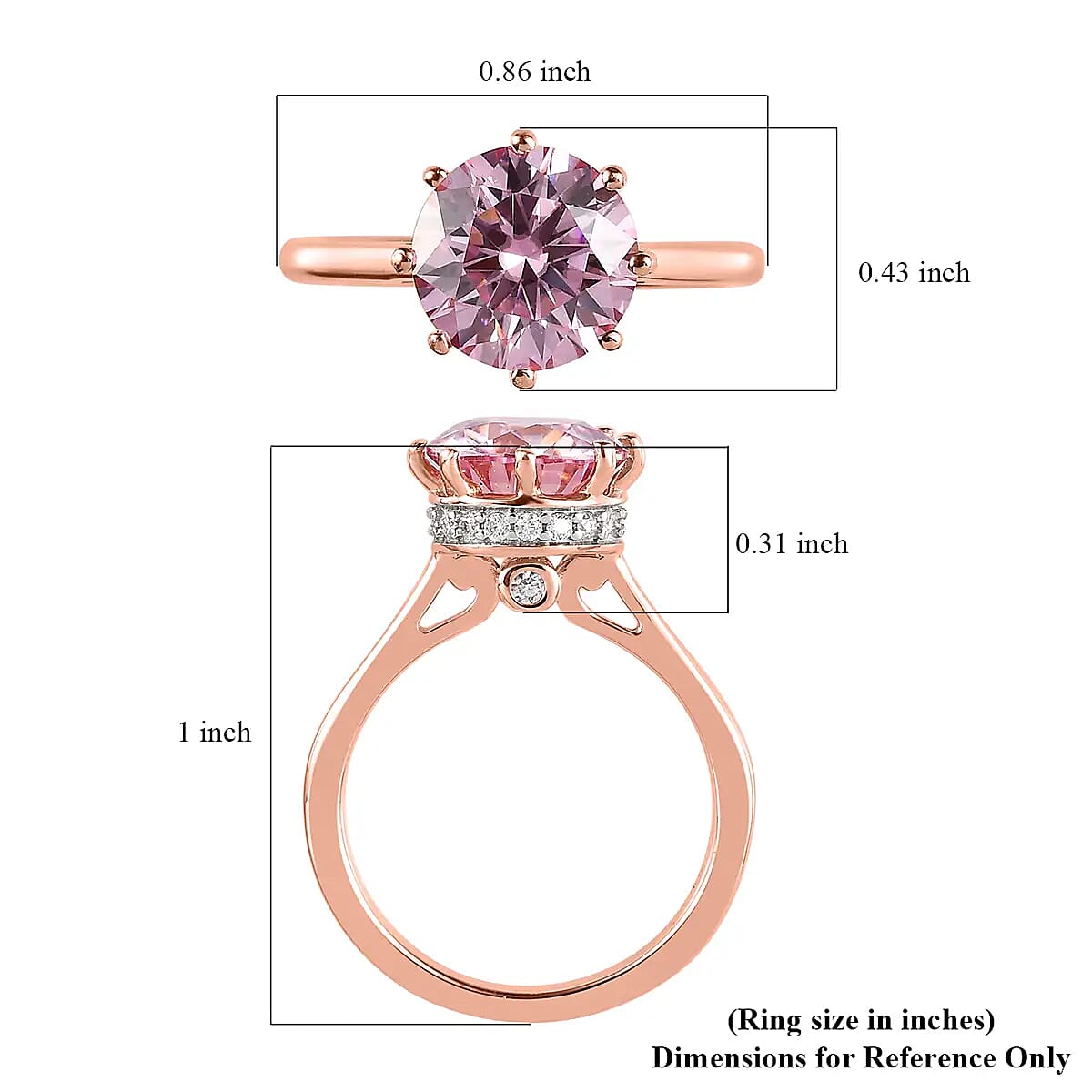 Pink Moissanite (Rnd 9mm) and White Moissanite Ring in Vermeil RG Over Sterling Silver (Size 10.0) 2.65 ctw