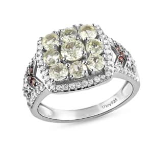 Natural Chrysoberyl, Brown and White Zircon Cluster Ring in Platinum Over Sterling Silver (Size 7.0) 2.10 ctw