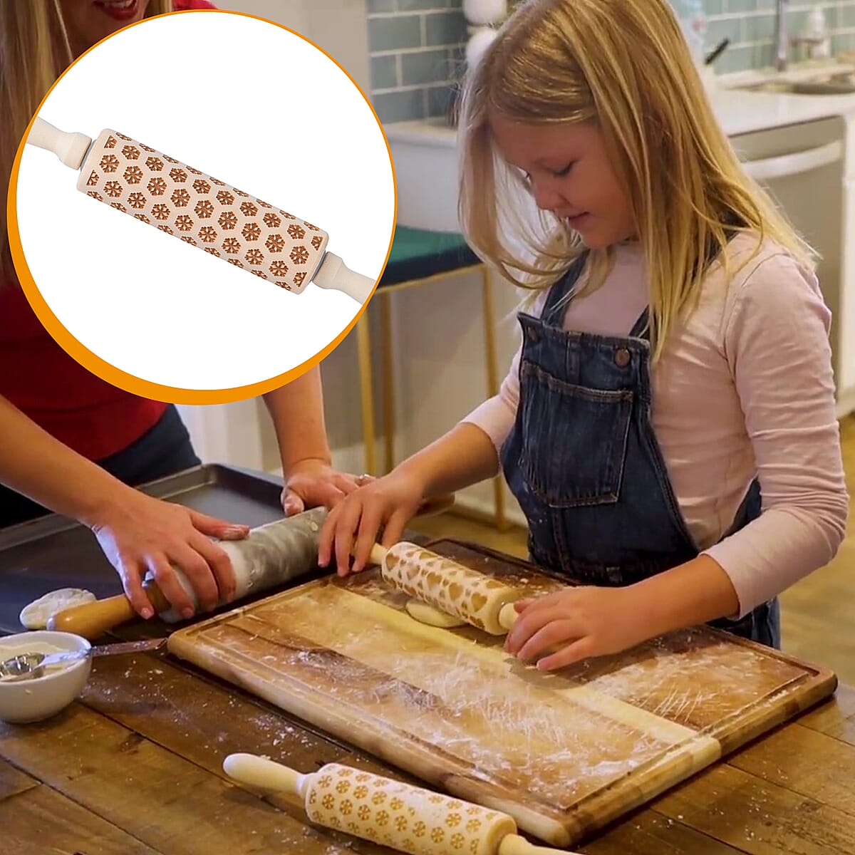 Wooden Color Snowflake Pattern Embossed Rolling Pin image number 1