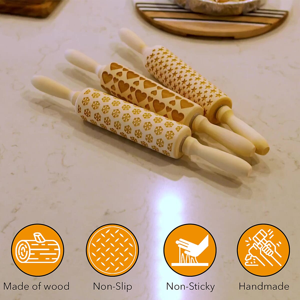 Wooden Color Snowflake Pattern Embossed Rolling Pin image number 2