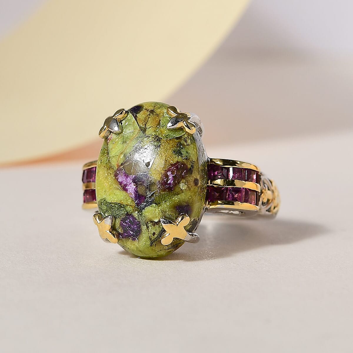 One Time Only Tasmanian Stichtite, Orissa Rhodolite Garnet Ring in Vermeil YG and Platinum Over Sterling Silver (Size 10.0) 11.35 ctw image number 1