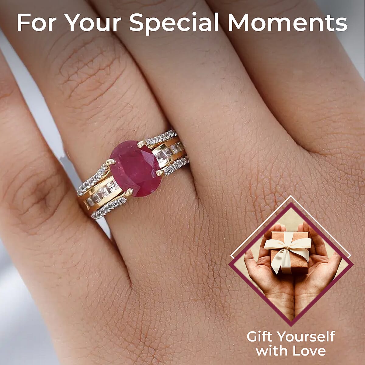 Niassa Ruby Ring, White Topaz Accent Ring, Vermeil Yellow Gold Over Sterling Silver Ring 4.75 ctw image number 2