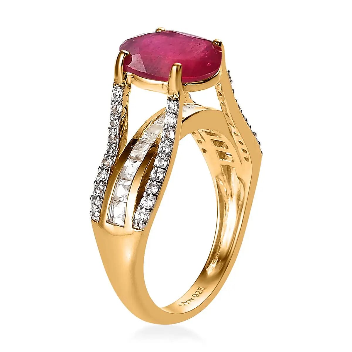Niassa Ruby Ring, White Topaz Accent Ring, Vermeil Yellow Gold Over Sterling Silver Ring 4.75 ctw image number 3