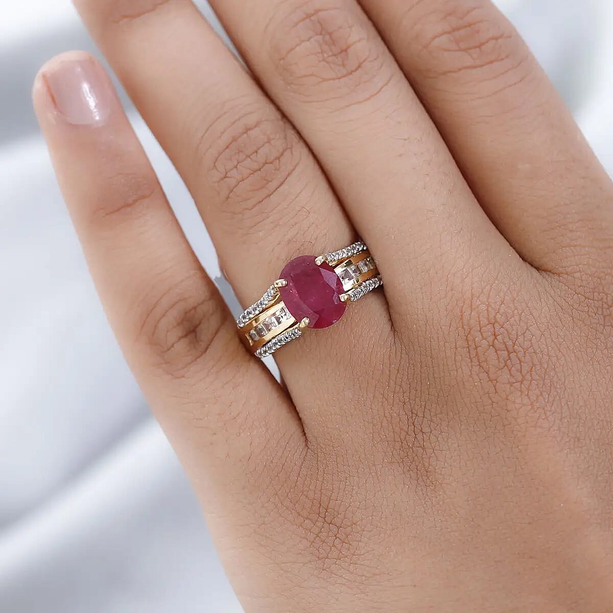 Niassa Ruby Ring, White Topaz Accent Ring, Vermeil Yellow Gold Over Sterling Silver Ring 4.75 ctw image number 5