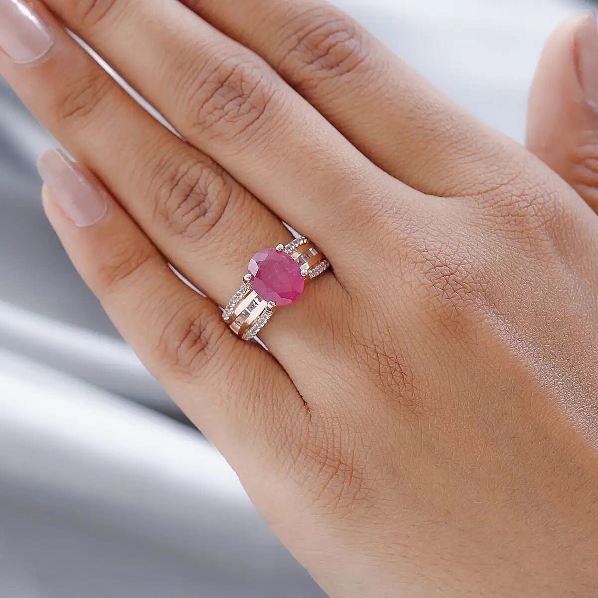 Ilakaka Hot Pink Sapphire Ring , White Topaz Accent Ring , Vermeil Rose Gold Over Sterling Silver Ring 4.65 ctw image number 5