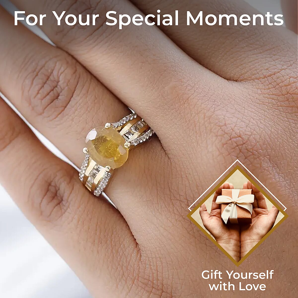 Yellow Sapphire Ring , White Topaz Accent Ring , Vermeil Yellow Gold Over Sterling Silver Ring 4.60 ctw image number 2