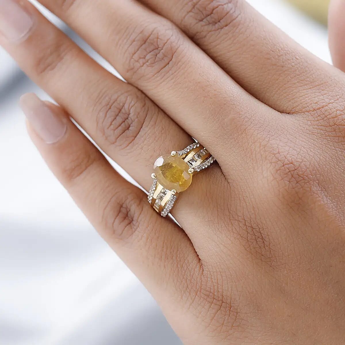 Yellow Sapphire Ring , White Topaz Accent Ring , Vermeil Yellow Gold Over Sterling Silver Ring 4.60 ctw image number 5